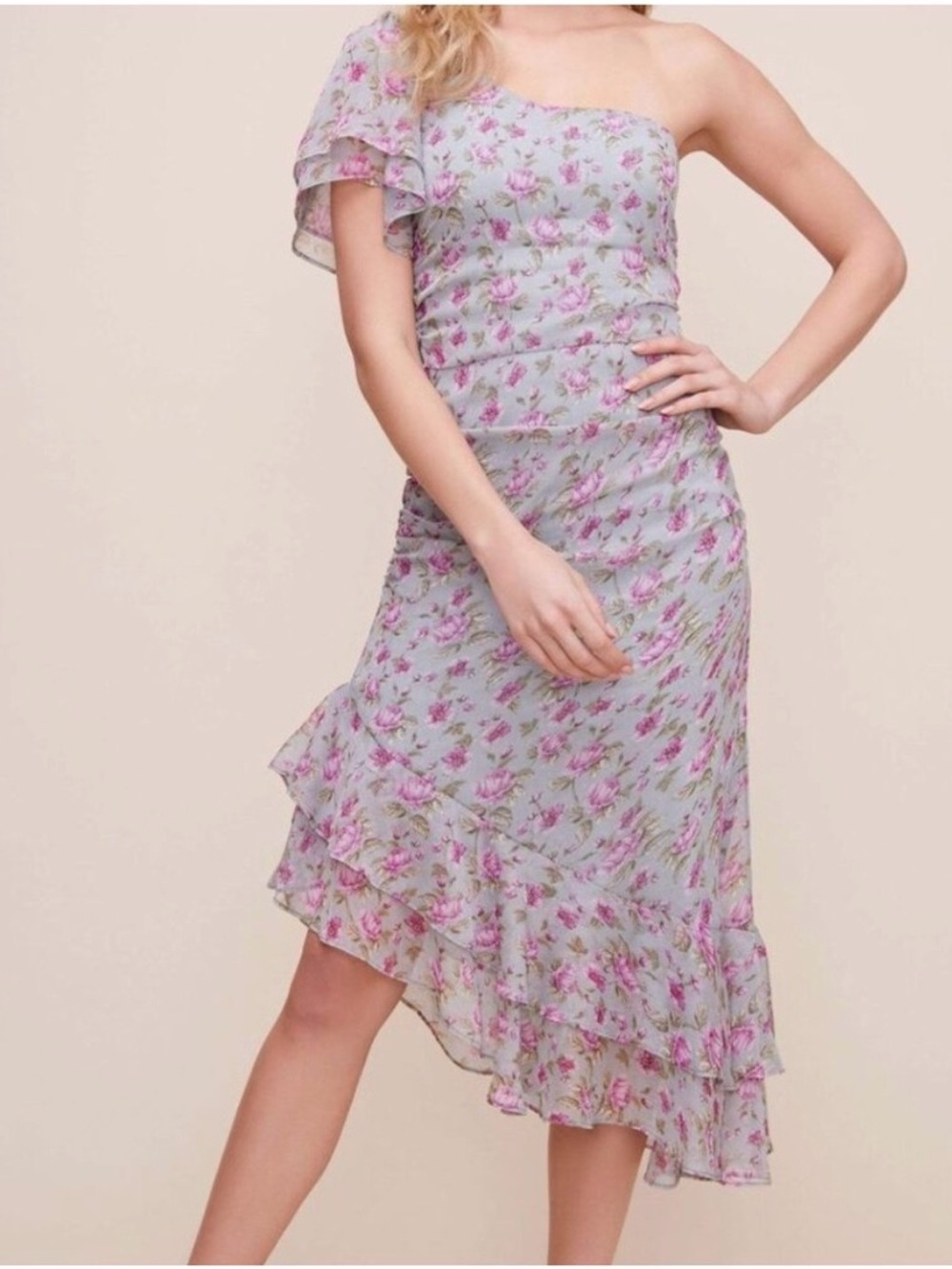 ASTR The Label Lisa Dress Blue Lavender Floral One Shoulder Ruffle Midi Dress, S
